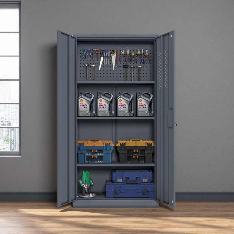 Armoire de rangement en métal pour garage avec 2 portes et 4 tablettes réglables - Classeur verrouillable en acier 71,96 pouces avec panneau perforé intérieur, adapté aux bureaux à domicile, garages, gymnases, écoles (gris)