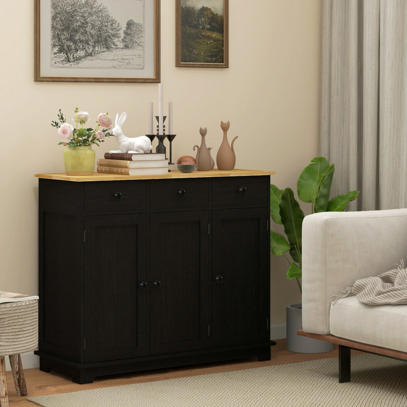 Armoire latérale noire vieillie - comptoir en bois massif, 3 tiroirs, portes, tablette réglable, rangement polyvalent et magnifique