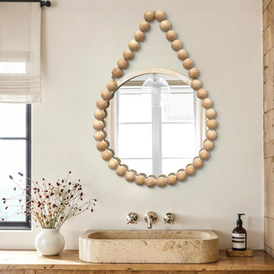 Wood Beaded Mirror, 20" Boho Round Mirror For Wall, Farmhouse Hanging Rustic Mirrors With Rope, Spherical Frame Circle Mirrors For Bathroom Bedroom Living Room Hallway Fireplace