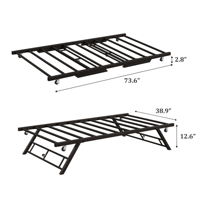Twin Pop Up Trundle Bed Frame,Trundle Day Bed with Lockable Casters,Foldable Metal Platform, Brown