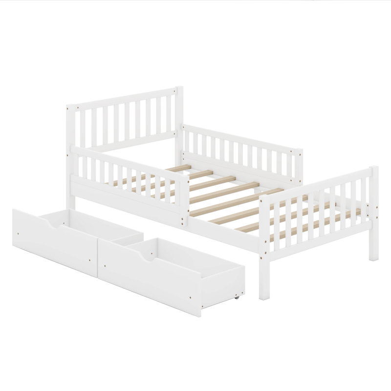 Twin Size Wood Platform Bed with Guardrails On Both Sides And Two Drawers, White