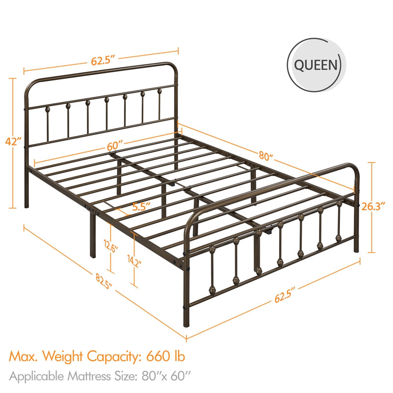 Classic Iron Platform Bed with High Headboard and Footboard, Bronze, Queen