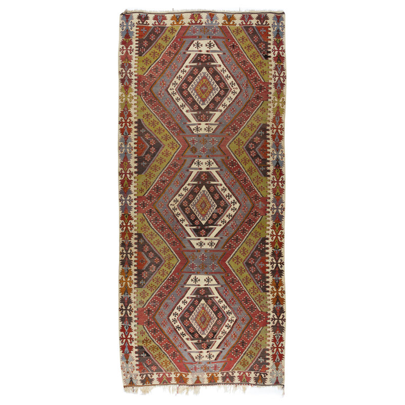 Tapis de couloir géométrique en laine turque fabriqué à la main 6 x 13 pi avec revêtement plat