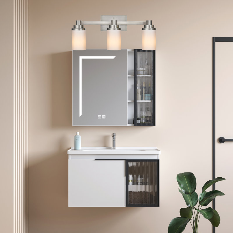 Luminaires de salle de bain modernes à 3 lumières au-dessus du miroir, lumières de meuble-lavabo en nickel brossé pour appliques murales de salle de bain avec abat-jour en verre blanc laiteux, douille E26 (ampoules non incluses)