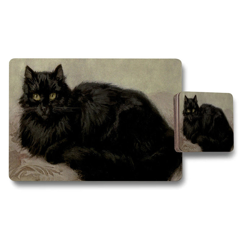 Black Cat Placemat and Coaster Set With Vintage Illustration