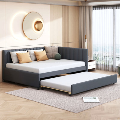 Full Size Upholstered Daybed With Trundle Sofa Bed Frame No Box Spring Needed, Linen Fabric