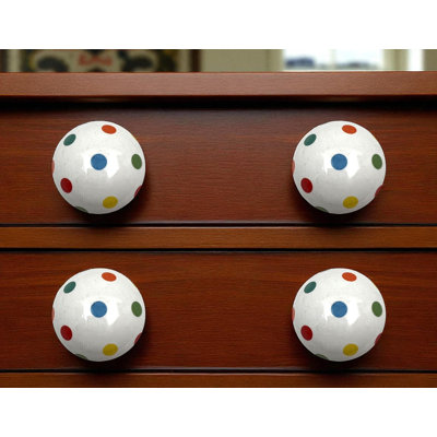 Set of Six Off White Blue Red And Green Polka Dots Ceramic Drawer Pull Knobs