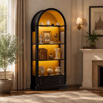 70.9"tall arched display cabinet,kitchen storage cabinet with glass doors,LED light strips, and drawers; modern farmhouse-style display cabinet suitable for the Living room, Kitchen,Dining room,Black