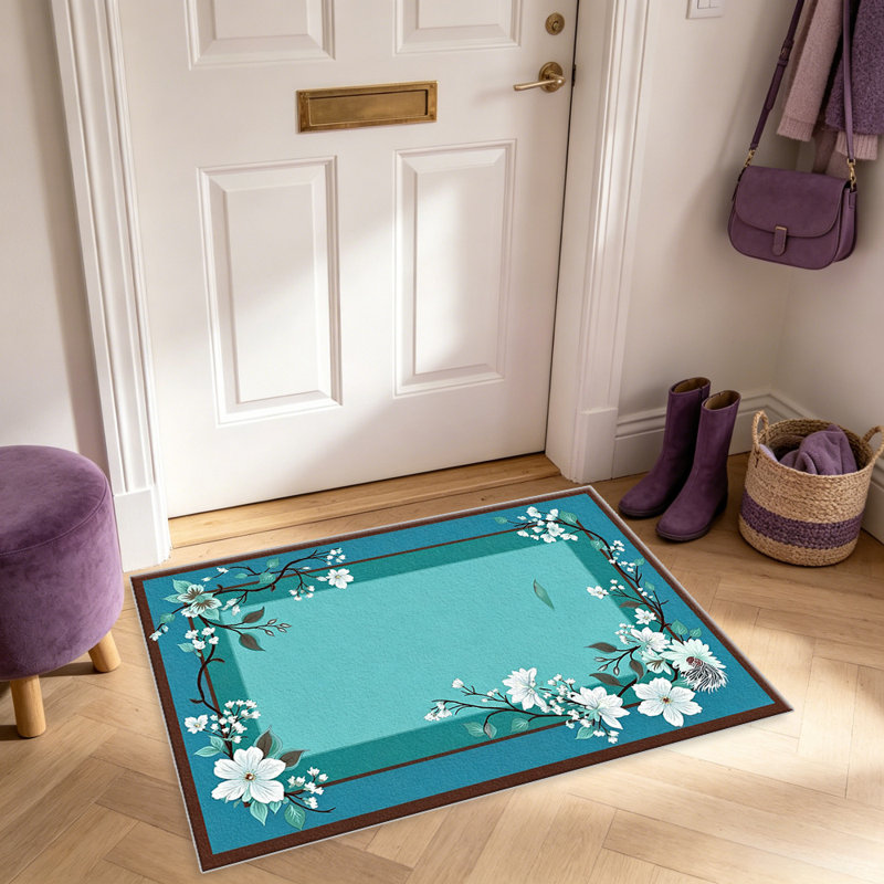 Teal Blue Blossom Frame   area rugs for Living Room, Soft and Comfortable, Suitable for all seasons, easy to maintain, machine washable Indoor floor mat, Under Table Farmhouse suitable for Bedroom, Dining Room, Study,  Balcony, Home Decor Patio