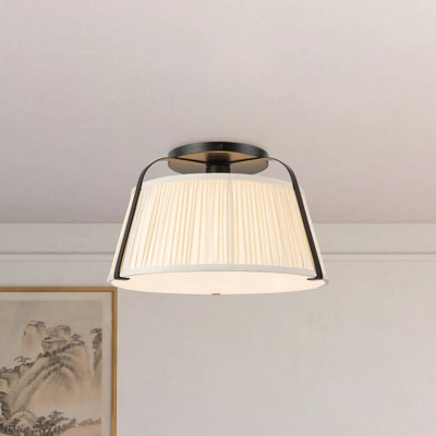 Scout 13-in Matte Black Semi-Flush Mount with Pleated White Linen Shade