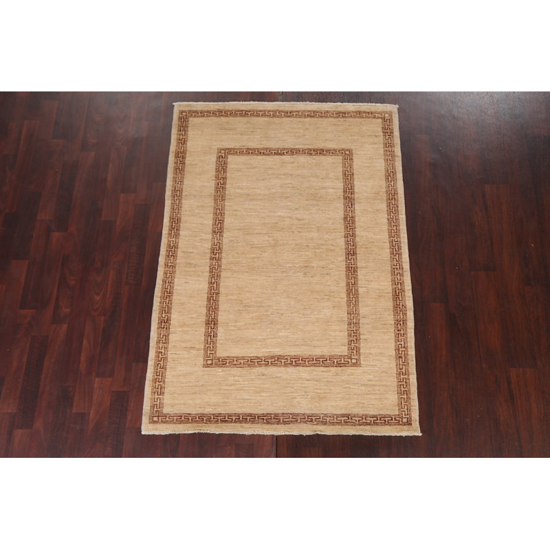 Tapis beige en laine noué à la main de conception unique 4 pi 2 po x 6 pi 1 po New Age