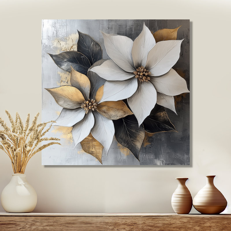 Crème et poinsettias dorés forme pure - art mural poinsettias, Toile tendue, Ne s’applique pas, H 16 po x l 16 po