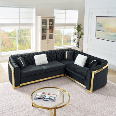 Ensemble de canapé modulaire en forme de L de 106 pouces avec accents en acier inoxydable doré et canapé capitonné à boutons en velours avec 5 coussins pour un salon luxueux