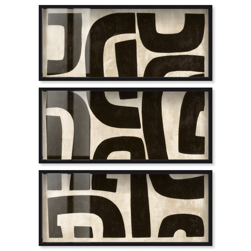 «Obsidian Curves Shadowbox Print Modern Office» par Art Remedy, ensemble de 3, Cadre noir