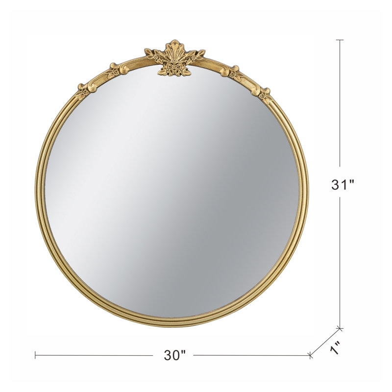30x31 Inch Round Wall Mirror with Gold Finish and Decorative Leaf Crest, Rococo Inspired MDF Frame
