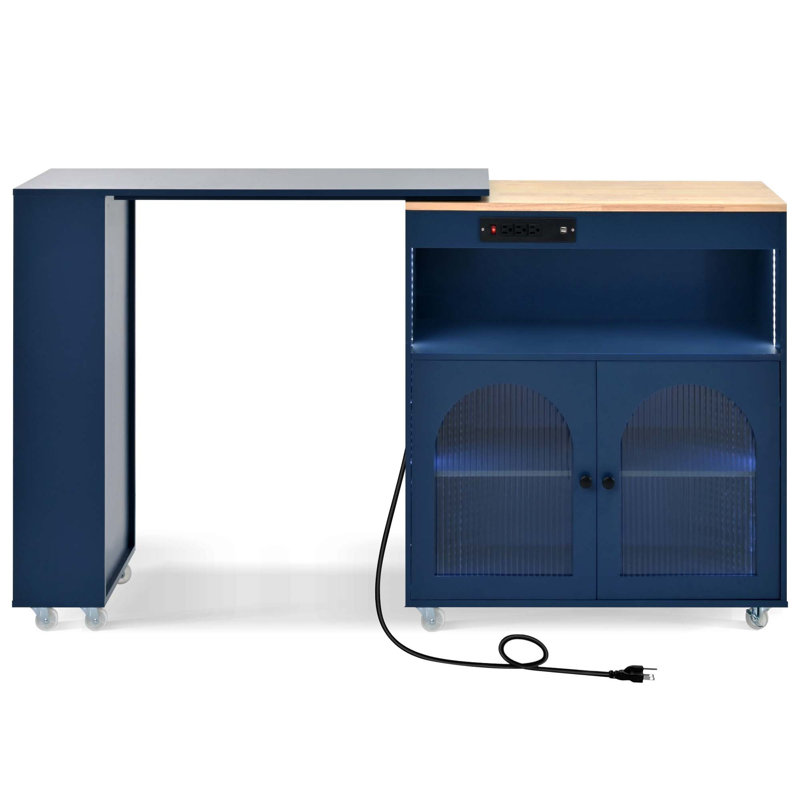 Îlot de cuisine avec table allongée K&K, îlot de cuisine sur roulettes avec lumières DEL, prises de courant et 2 portes en verre cannelé, îlot de cuisine avec compartiment de rangement et 3 tablettes ouvertes latérales, bleu marine
