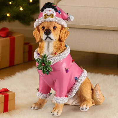 Statue de Noël Golden Retriever, figurine de chien de Noël en tenue de père Noël rose