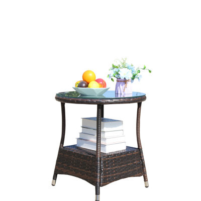 Table basse ronde d'extérieur brun moderne de 1 po en rotin PE, avec structure en métal robuste, finition résistante à la rouille, parfaite pour l'extérieur