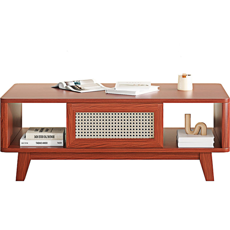 Table basse en bois avec tiroir et tablette, Cerisier