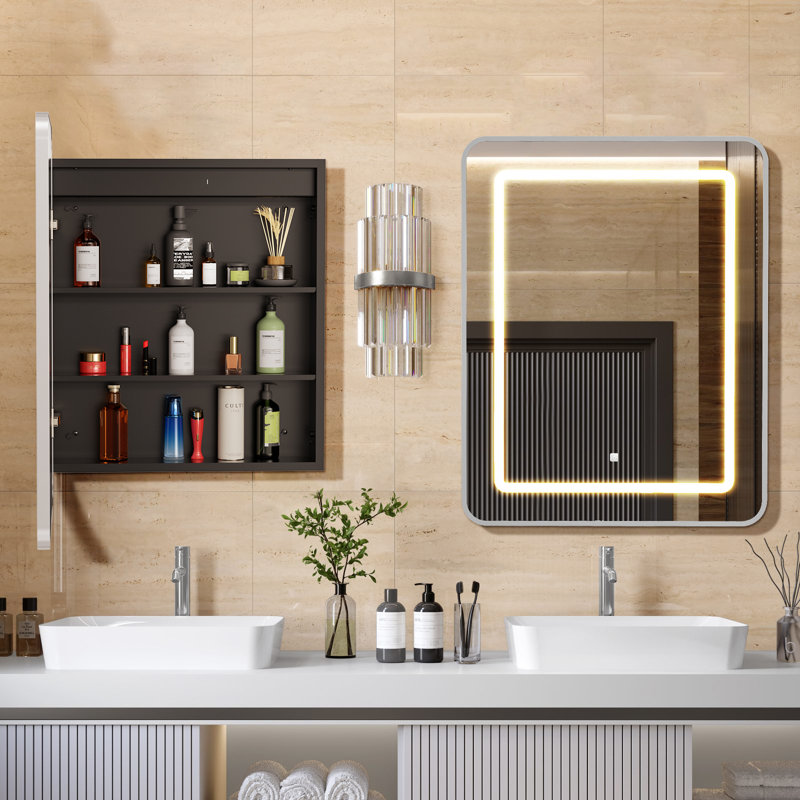 Armoire à pharmacie de salle de bain, armoire encastrée ou à surface éclairée, H 30 po x l 20 po x P 5 po, Argent argent