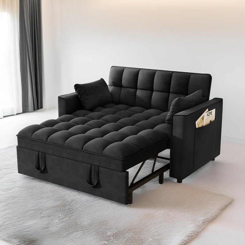 Canapé-lit convertible en velours avec dossier inclinable et poches de rangement, causeuse peu encombrante, Noir