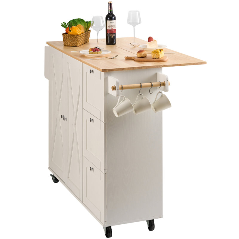 Kitchen Island Cart With Solid Wood Top, 45.3" Width Mobile Carts With Storage Cabinet, Rolling Kitchen Table With Spice Rack, Towel Rack, Drop Leaf And Drawer, Portable Islands On Wheels, White