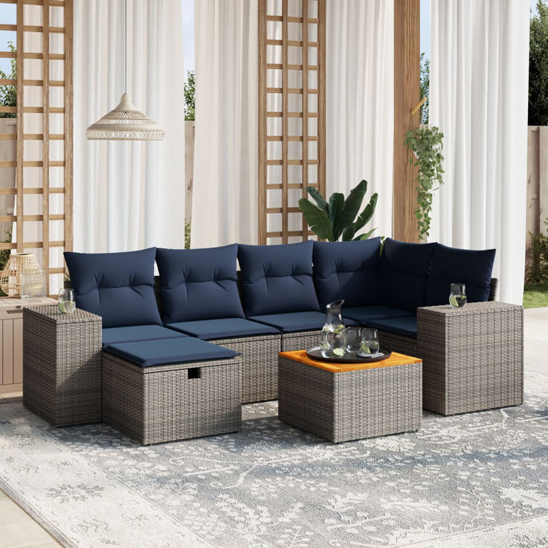 Ensemble de canapé de patio 7 pièces avec coussins en rotin de polyester, Gris, Marine