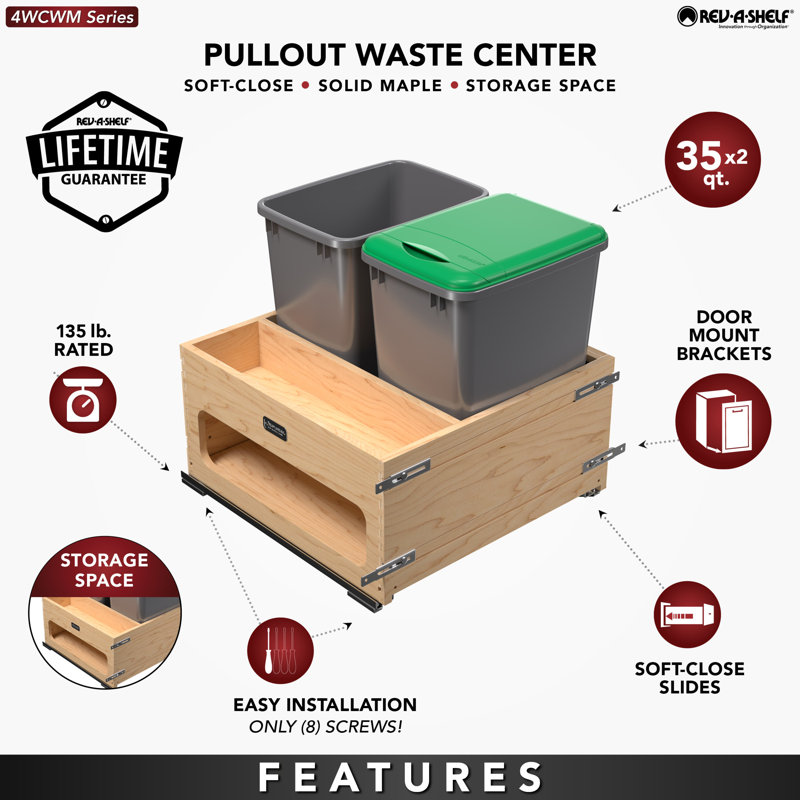 Wood Bottom Mount Pullout Waste/Trash Container With Storage W/ Soft-Close, 8.75 gallons