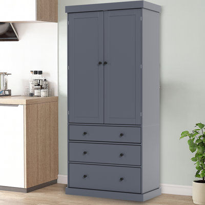 Armoire de salle de bain autoportante haute avec tablettes réglables, supports de porte et tiroirs - crème / blanc / gris