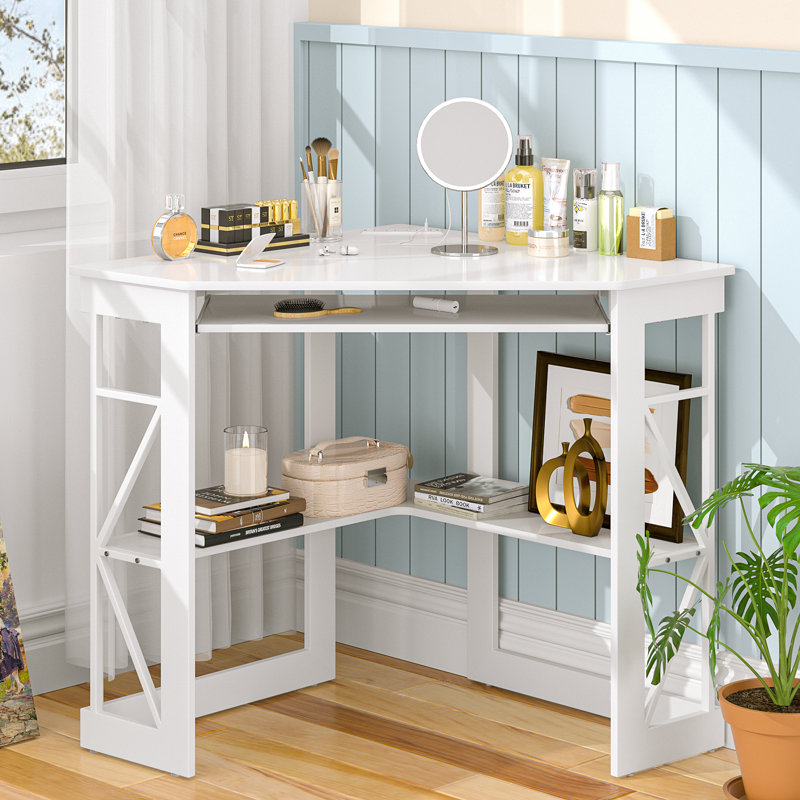 Lambrecht Corner Desk With Outlets & USB Ports, Triangle Computer Desk With Charging Station, Storage Shelf, Space Saving Writing Desk For Small Space