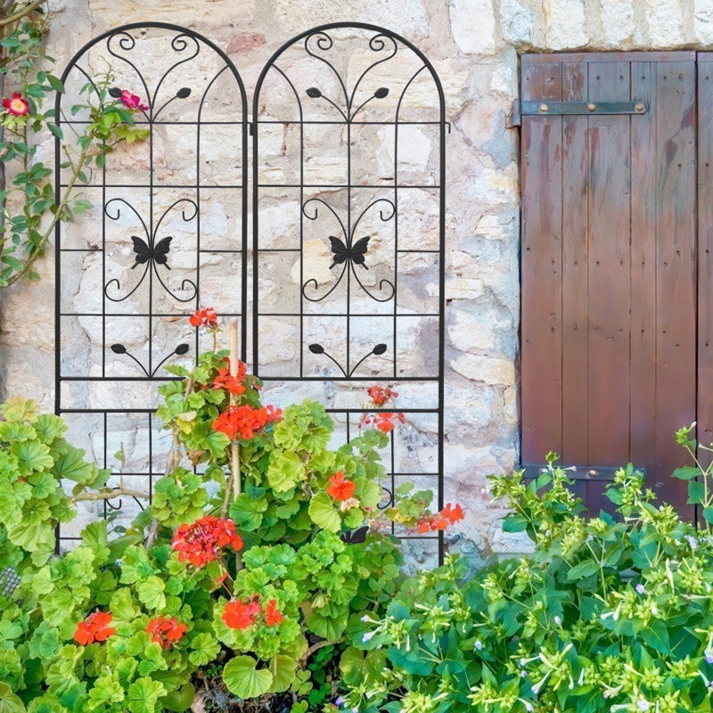 Treillis en métal 86,7 "x 19,7" antirouille en métal, extérieur, pour plantes grimpantes, noir, tuyau rond galvanisé, double support antirouille pour jardin 19,7 ", fleur de rouille noire