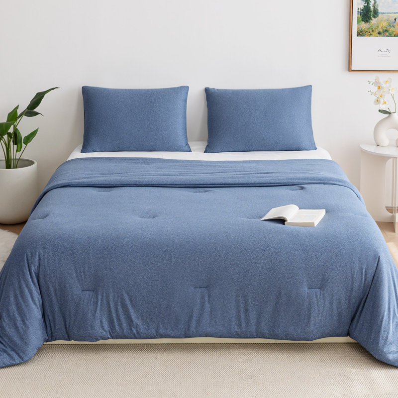 Ensemble d'édredon en tricot jersey ultra-doux toutes saisons avec taie d'oreiller, Bleu marine chiné, Très grand