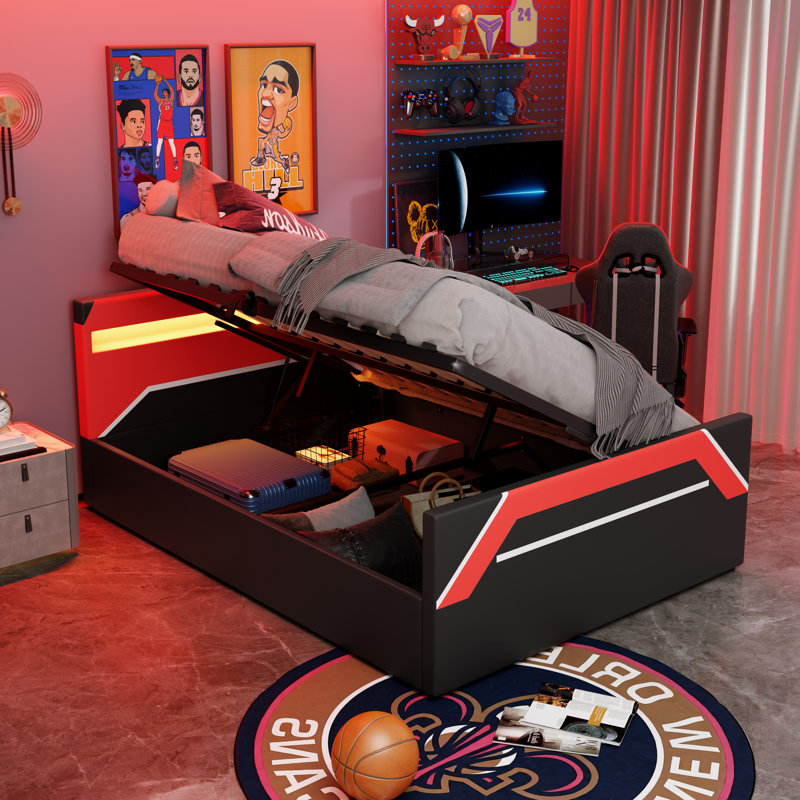 Grand lit de jeu avec tête de lit à DEL 7 couleurs et rangement latéral, lit plateforme Cyberpunk, noir et rouge, Black/Red
