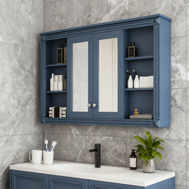 Wall Mounted Bathroom Mirror Cabinet With Storage&Adjustable Shelf, Blue