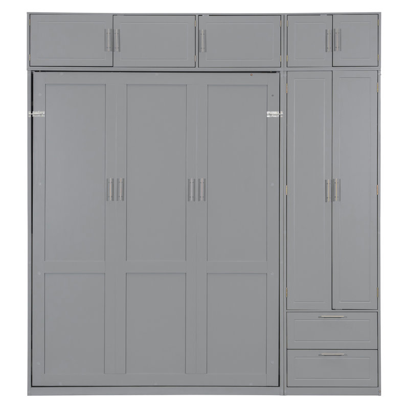 Grand lit escamotable mural avec armoire supérieure, tablettes et garde-robe, Gris