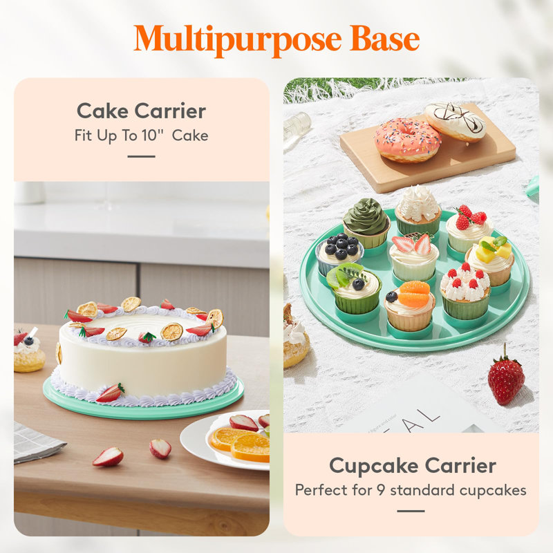 Cake Carrier With Lid And Handle, Two Sided Cupcake Carrier Holder For 10” Cake Or 9 Standard-Sized Cupcakes, Plastic Round Cake Transport Storage Container Stand For Pies And Cookies, Green