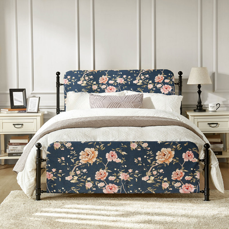 Carlyon 62" W Metal Four Poster Bed with Washable Slipcover and Adjustable Headboard, Navy/Pink