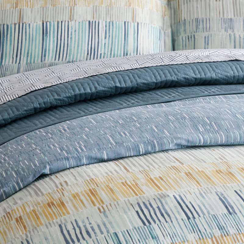 Ensemble d'édredon réversible 3 pièces en coton bleu / ocre, Édredon très grand et 2 taies décoratives