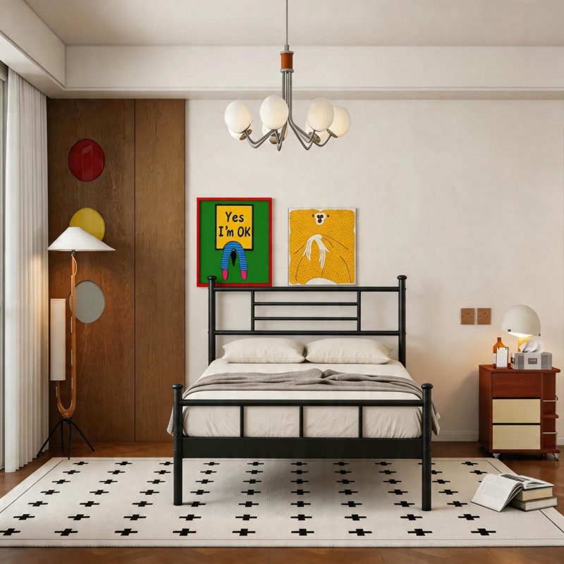 18''Twin Bed Frame With Headboard, Metal Platform Bed Frame, Noise-Free & No Box Spring Needed, For Bedroom., Twin