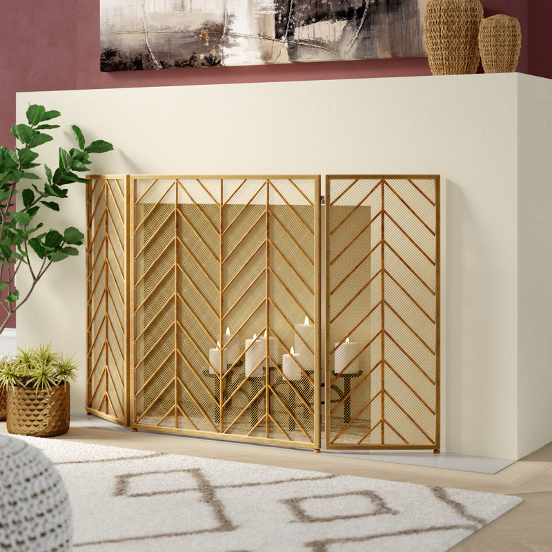 Venturi Metal Foldable Mesh Netting 3 Panel Geometric Fireplace Screen with Chevron Pattern, Gold