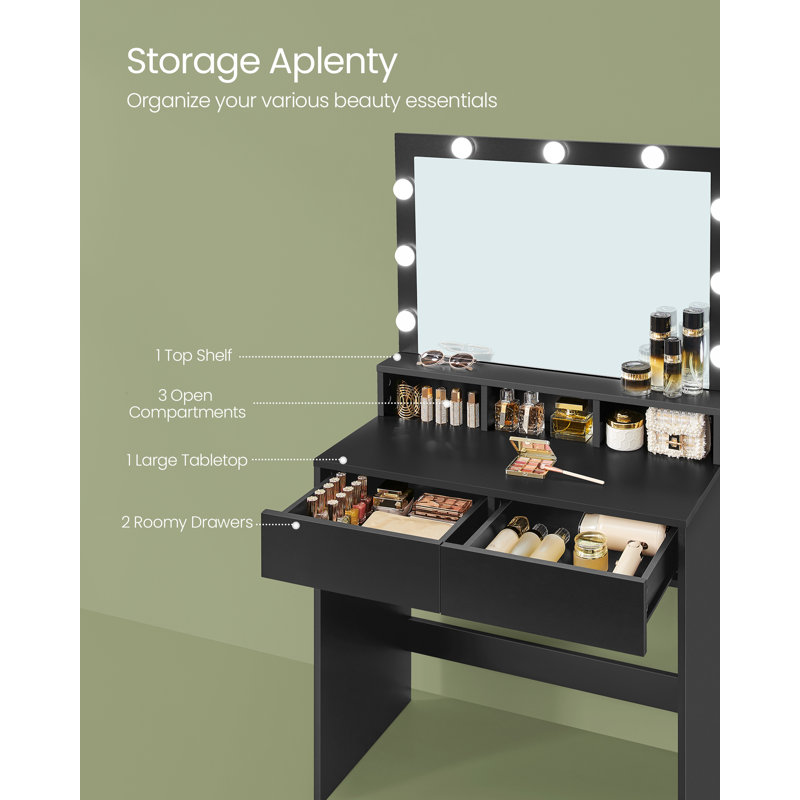 Makeup Vanity With Mirror And Lights,upholstered Vanity Stool, 9 Dimmable Led Lights, Ink Black