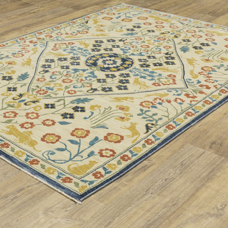 Tapis beige / bleu / jaune en polypropylène tissé à la machine Krouse, Rectangle 2 pi x 3 pi