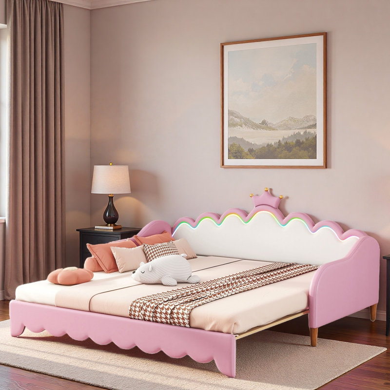 Lit de jour extensible rembourré avec lumières à DEL et tête de lit couronne, Rose