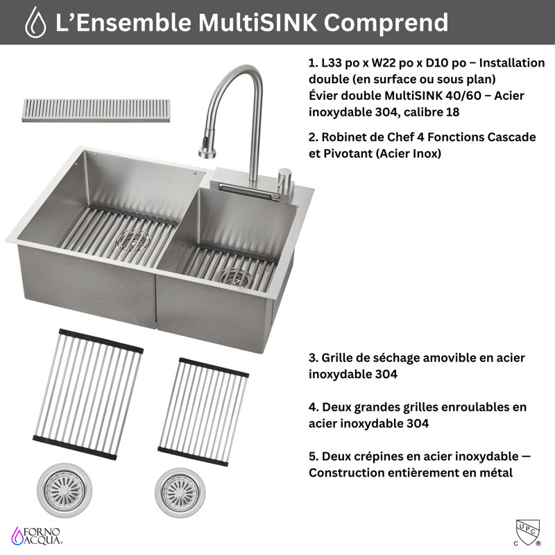 Évier en acier inoxydable à double cuve encastré / encastré 40/60 FORNO ACQUA 33 po avec robinet à cascade