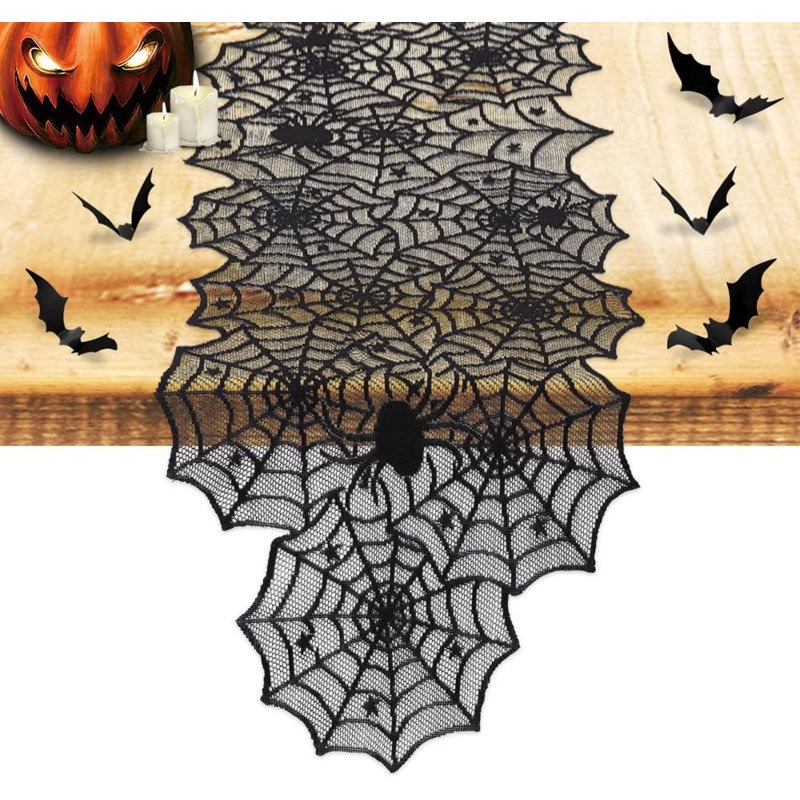 Chemin de table en dentelle noire motif toile d'araignée pour l'Halloween, orné de 12 chauves-souris 3D, 33 x 183 cm, décoration de table intérieure pour la cuisine, les repas et les fêtes d'Halloween.