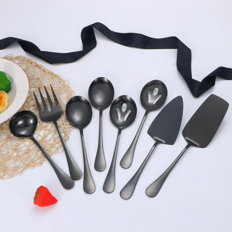 8-Piece Stainless Steel Serving Utensil Set, Dishwasher Safe Tableware For Travel & Hosting, Black