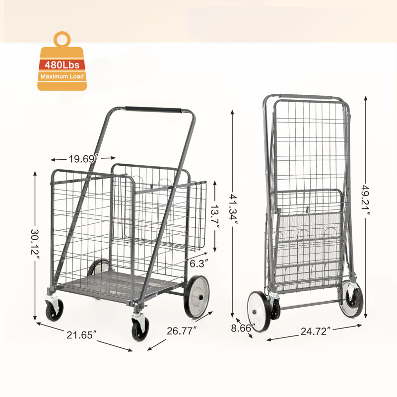 Panier pliant avec capacité de 374 lb, 26 po x 21 po, double panier, roues pivotantes à 360 degrés, roues arrière de 8,7 po, sac imperméable, épicerie, blanchisserie, gris