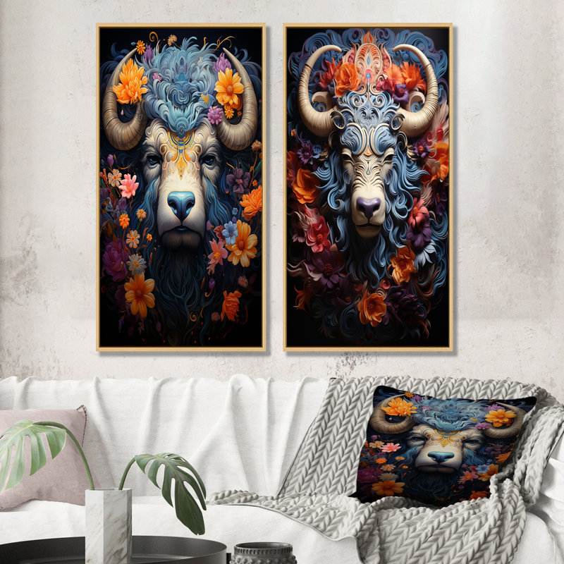 Yaks Cosmic Highlanders - Yaks, ensemble de 2 reproductions d'art sur toile, H 40 po x l 41 po, Encadrement brun