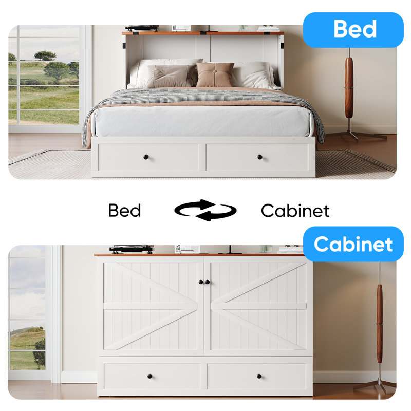 "65" Queen Murphy Bed Cabinet with Charging Station  , 1200LBS Capacity, 4.7" Mattress & Extra Storage, Space Saving Foldable Bed(Mattress Included)
