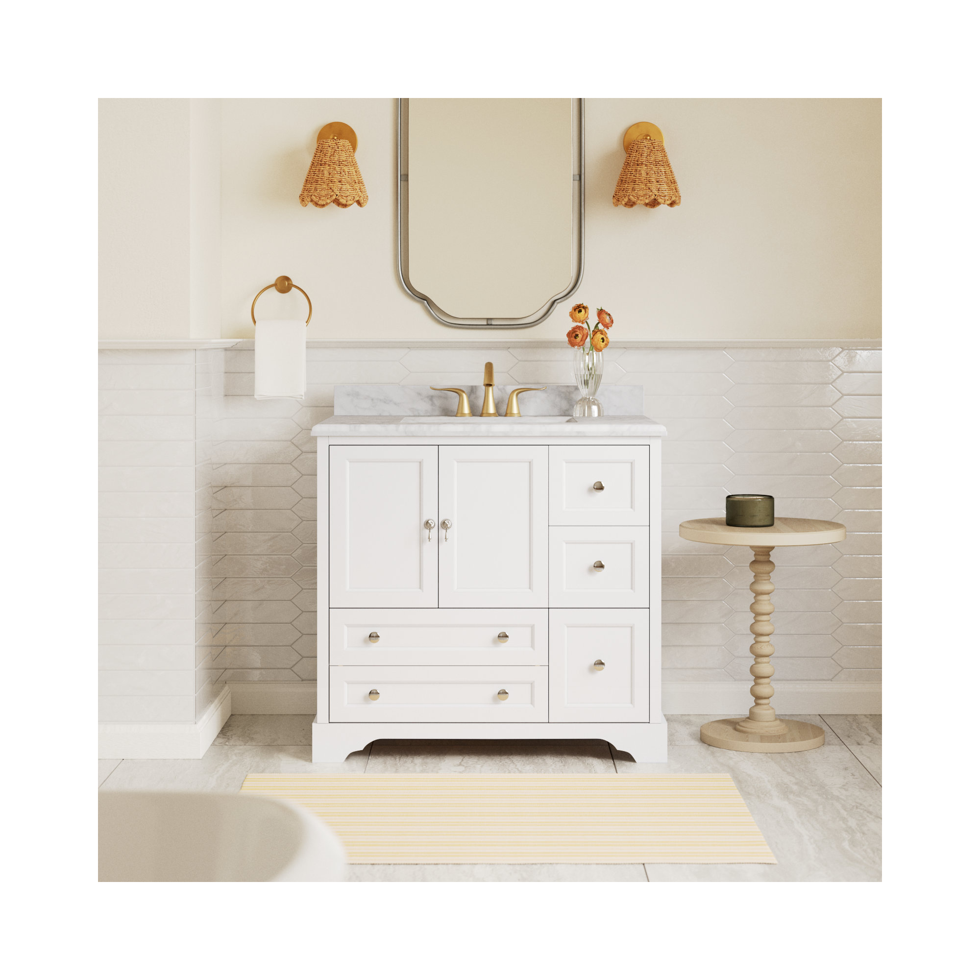 Tilford 36'' Single Bathroom Vanity, Carrara Marble, White